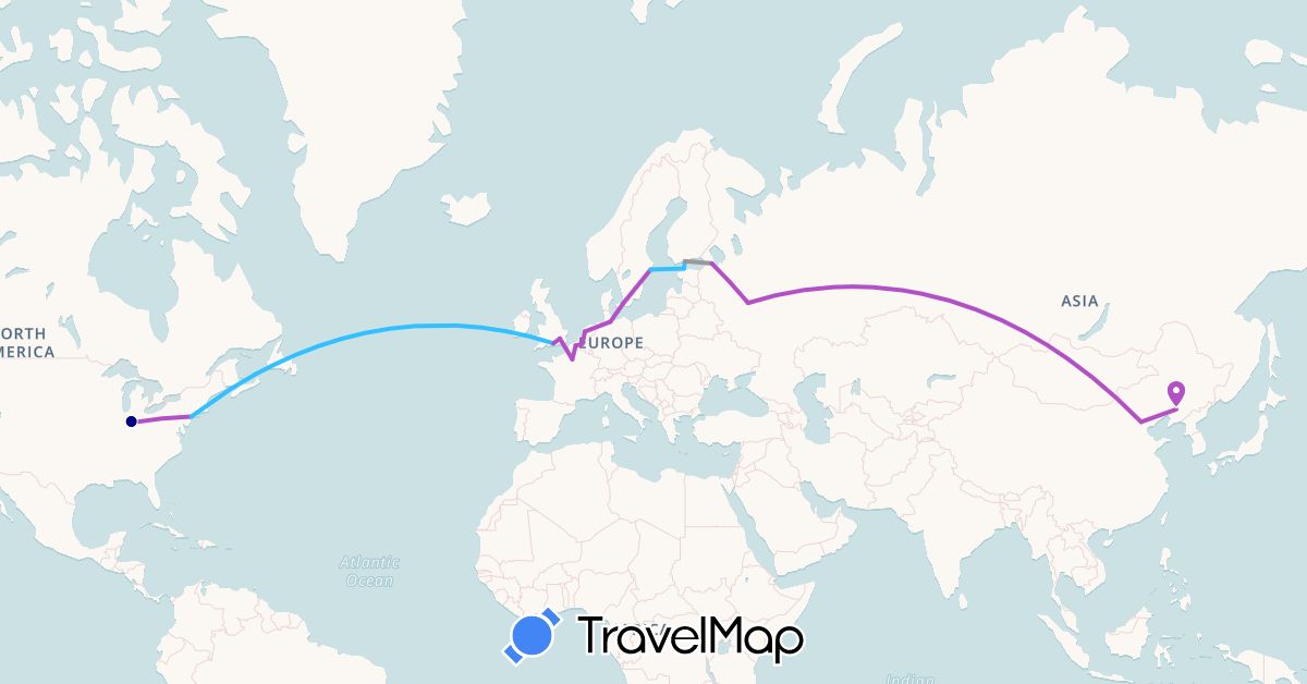 TravelMap itinerary: driving, plane, train, boat in Belgium, China, Germany, Denmark, Estonia, Finland, France, United Kingdom, Netherlands, Russia, Sweden, United States (Asia, Europe, North America)